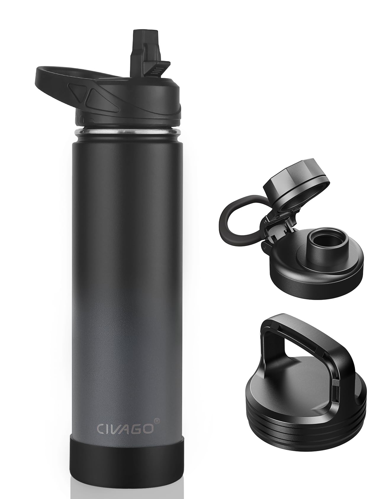 CIVAGO 40 oz Insulated Stainless Steel Water Bottle With Straw and 3 Lids | Large Metal Sports Water Jug, Leakproof Reusable Wide Mouth Thermal Flask Cup with Silicone Boot, BPA-Free, Midnight Black