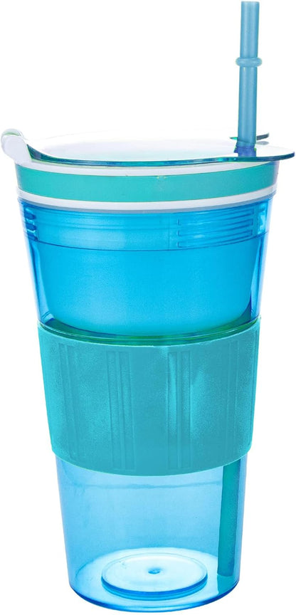 Portable Plastic Snack and Drink Cup for Adult, Teen Kid, 16 Oz | Combo All-in-One Cereal and Milk Container, Breakfast On-The-Go, With Lids & Straw