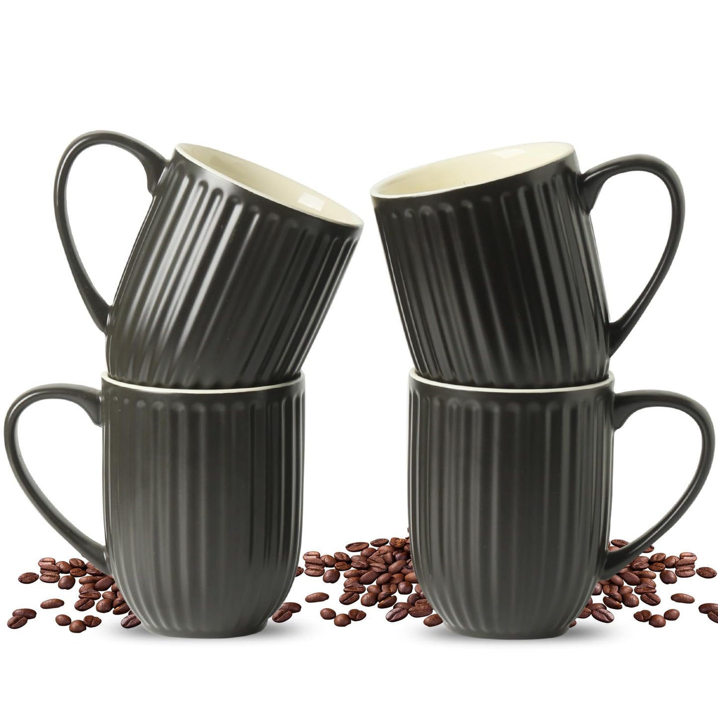 HASENSE Textured Large Coffee Mugs Set of 4, 16 Oz Ribbed Ceramic Cups with Large Handle for Latte Tea Cappuccino, Stackable Embossed Mug Set for Mom Dad, Microwave Dishwasher Safe, Creamy White