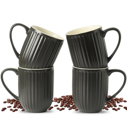 HASENSE Textured Large Coffee Mugs Set of 4, 16 Oz Ribbed Ceramic Cups with Large Handle for Latte Tea Cappuccino, Stackable Embossed Mug Set for Mom Dad, Microwave Dishwasher Safe, Creamy White