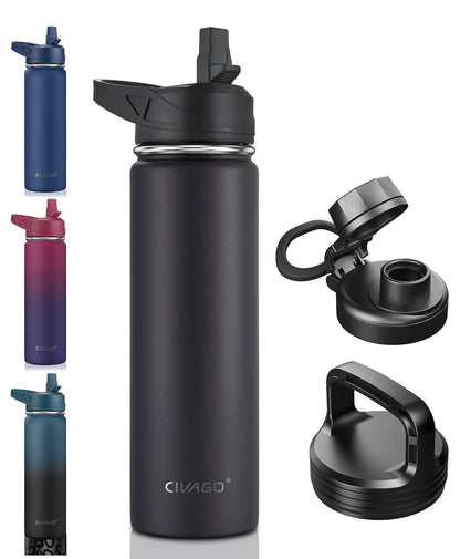 CIVAGO 40 oz Insulated Stainless Steel Water Bottle With Straw and 3 Lids | Large Metal Sports Water Jug, Leakproof Reusable Wide Mouth Thermal Flask Cup with Silicone Boot, BPA-Free, Midnight Black