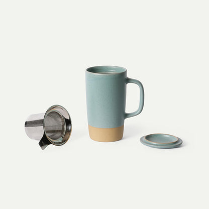 Mora Ceramics Large Tea Mug with Loose Leaf Infuser and Ceramic Lid, 18 oz, Portable, Microwave and Dishwasher Safe, Tall Coffee Cup - Rustic Matte Ceramic Glaze, Modern Herbal Tea Strainer, Olive