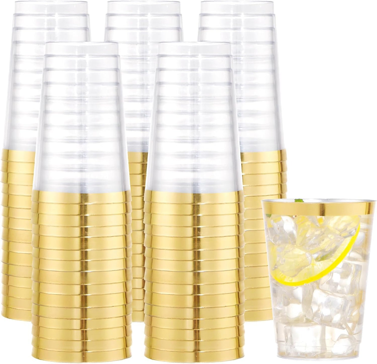 I00000 200 Pack Gold Plastic Cups, 9 Oz Elegant Clear Plastic Cups Gold Rimmed Disposable Wine Glasses Fancy Disposable Party Cup Wedding Cup Drinking Tumblers Cocktail Glasses Perfect for Party