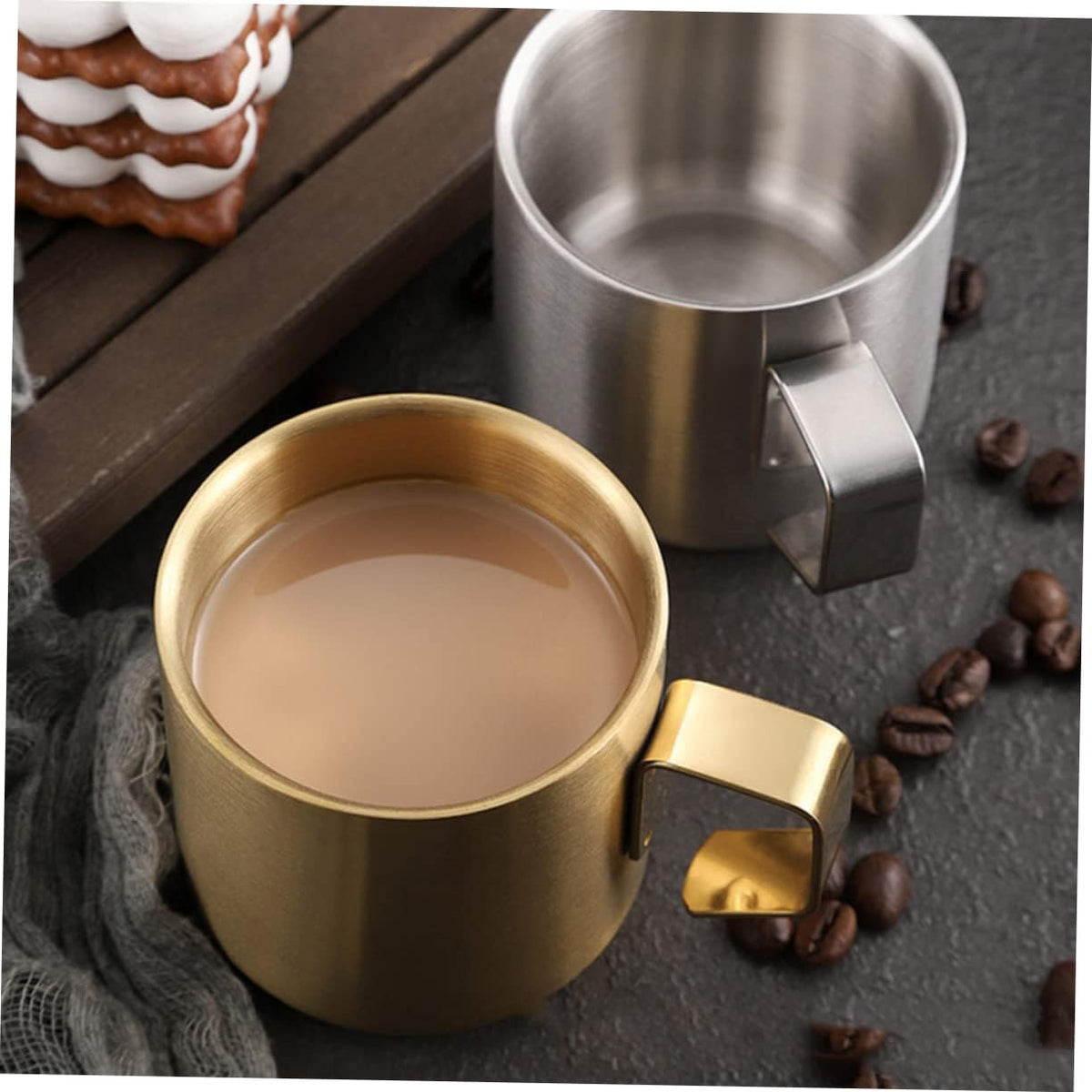 VICASKY Stainless Steel Double Breakfast Cup with Handle Insulated Milk and Cereal Mug for Home and Restaurant Use Household Stainless Mug Silver