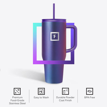 IRON °FLASK 40 oz Co-Pilot Insulated Travel Mug | Insulated Travel Mug with Straw & Flip Cap Lids - Cup Holder Fit, Leakproof, BPA Free (Aurora)