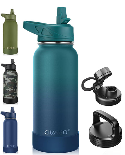 CIVAGO 40 oz Insulated Stainless Steel Water Bottle With Straw and 3 Lids | Large Metal Sports Water Jug, Leakproof Reusable Wide Mouth Thermal Flask Cup with Silicone Boot, BPA-Free, Midnight Black
