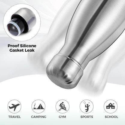 Volhoply 17oz Insulated Stainless Steel Water Bottle, Double Wall Vacuum Flask, Keeps Cold 24h & Hot 12h, Available in Packs of 1, 4, or 8（Silver,1 Pack)