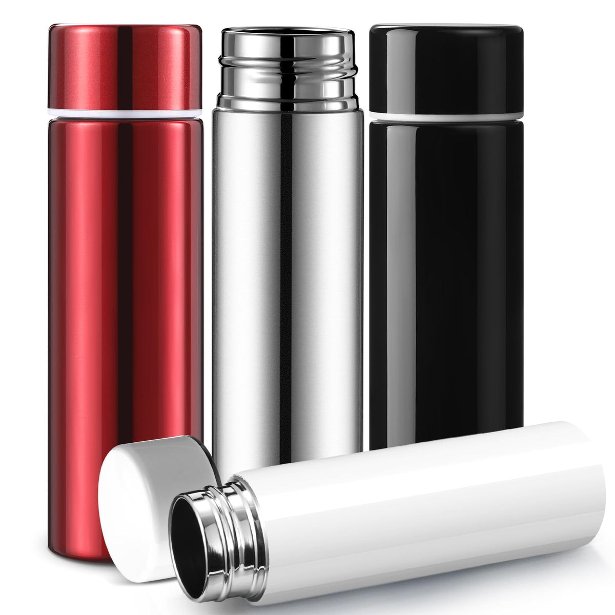 Vesici 4 Pack Mini Insulated Stainless Water Bottle,Silver | 4.4 oz Small Insulated Flask, for Purse Leak Proof Pocket, Keeps Drink Cold and Hot, for Women Kids Lunch Bag Coffee Travel