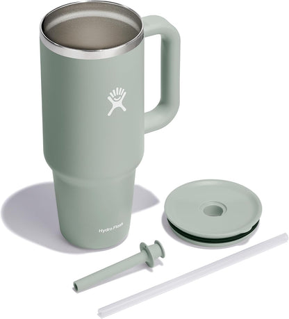 Hydro Flask Travel Tumbler with Handle, Lid and Straw - Insulated Stainless Steel in 40 Oz Agave