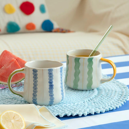 Striped Ceramic Coffee Mugs Set of 2, Pink and Green Stackable Stoneware Mugs for Morning Coffee, Tea & Cocoa, 12oz Dishwasher & Microwave Safe Mug Gift Set for Home & Office