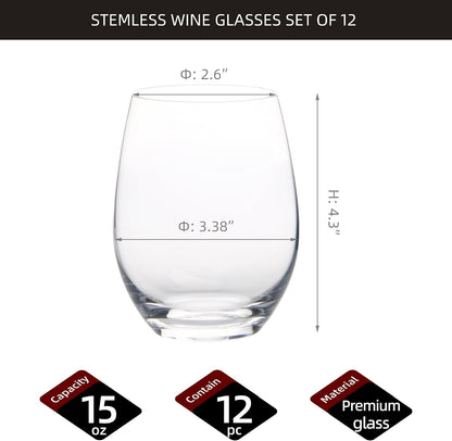FAWLES Stemless Wine Glasses Set of 12, 15 Ounce Smooth Rim Standard Wine Glass Tumbler for Red, White Wine, Dishwasher Safe