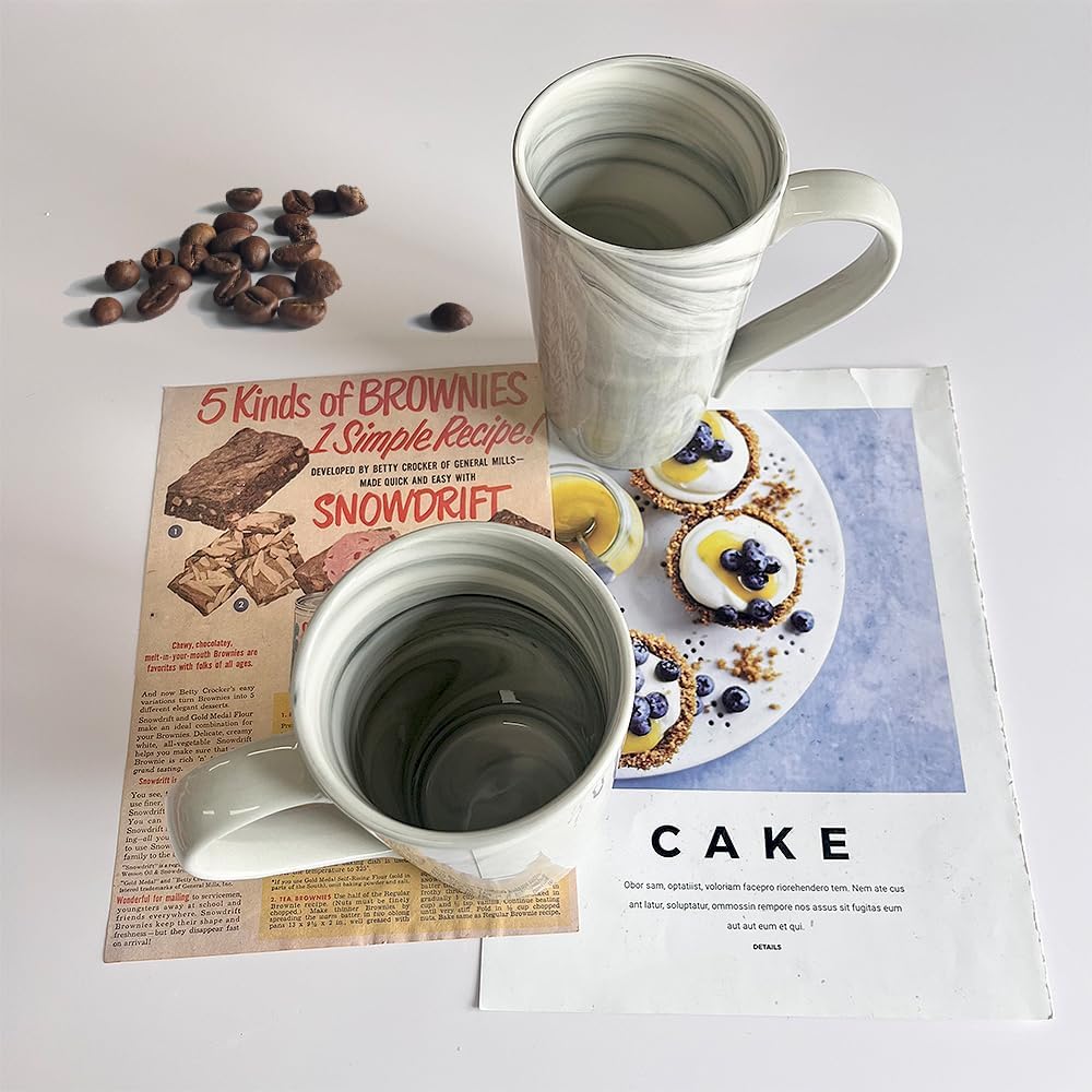 20 OZ Large Coffee Mugs, Grey Marble Ceramic Tall Beer Cups with Handle Set of 2 600 ml Oversized Porcelain Bulk Big Tea Cup for Men Women Gifts Mom and Dad
