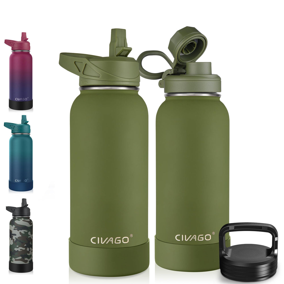 CIVAGO 40 oz Insulated Stainless Steel Water Bottle With Straw and 3 Lids | Large Metal Sports Water Jug, Leakproof Reusable Wide Mouth Thermal Flask Cup with Silicone Boot, BPA-Free, Midnight Black