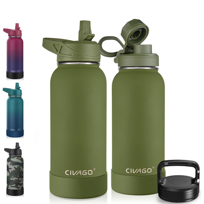 CIVAGO 40 oz Insulated Stainless Steel Water Bottle With Straw and 3 Lids | Large Metal Sports Water Jug, Leakproof Reusable Wide Mouth Thermal Flask Cup with Silicone Boot, BPA-Free, Midnight Black