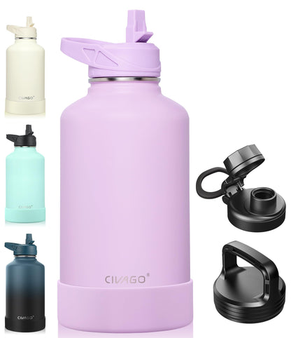 CIVAGO 40 oz Insulated Stainless Steel Water Bottle With Straw and 3 Lids | Large Metal Sports Water Jug, Leakproof Reusable Wide Mouth Thermal Flask Cup with Silicone Boot, BPA-Free, Midnight Black