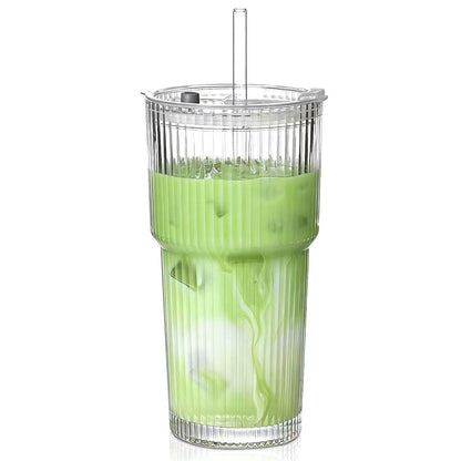 20 oz Glass Tumblers, Iced Coffee Cups with Lids and Glass Straws, Thickened Wall Ribbed Glass Cups, Ideal for Smoothies, Cocktails, and Juices – Vintage and Durable Drinkware – 1 Pack