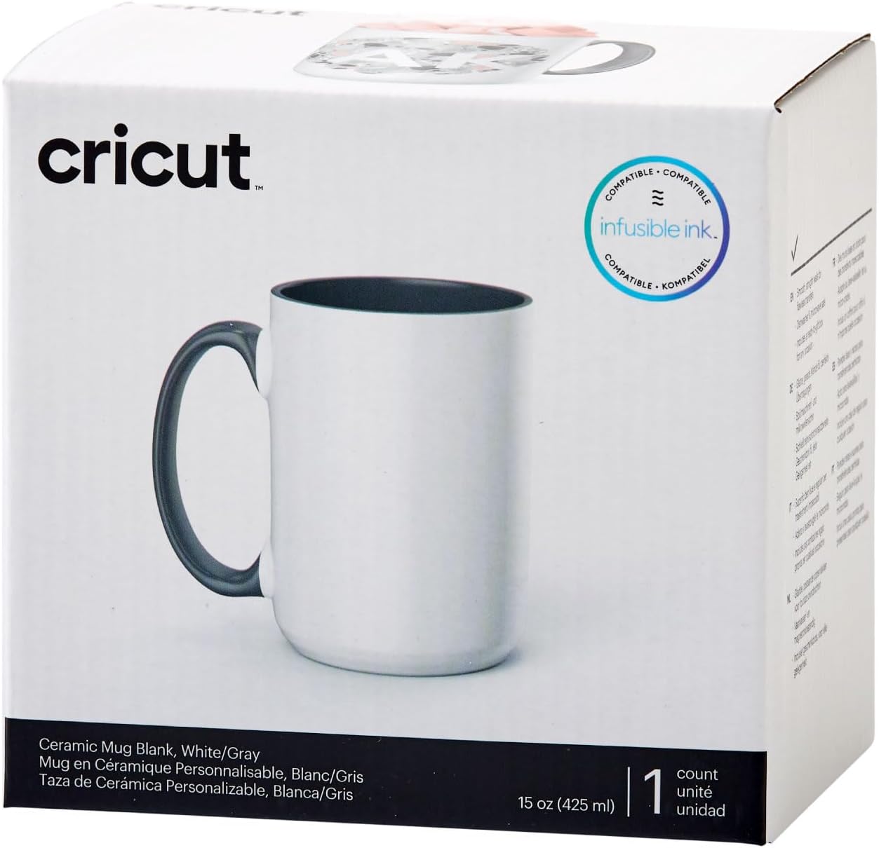 Cricut Beveled Blank Mug to Decorate, White/Gray | Ceramic-Coated, Dishwasher & Microwave Safe,Infusible Ink Compatible,15 Oz Sublimation