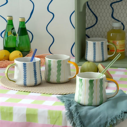 Striped Ceramic Coffee Mugs Set of 2, Pink and Green Stackable Stoneware Mugs for Morning Coffee, Tea & Cocoa, 12oz Dishwasher & Microwave Safe Mug Gift Set for Home & Office