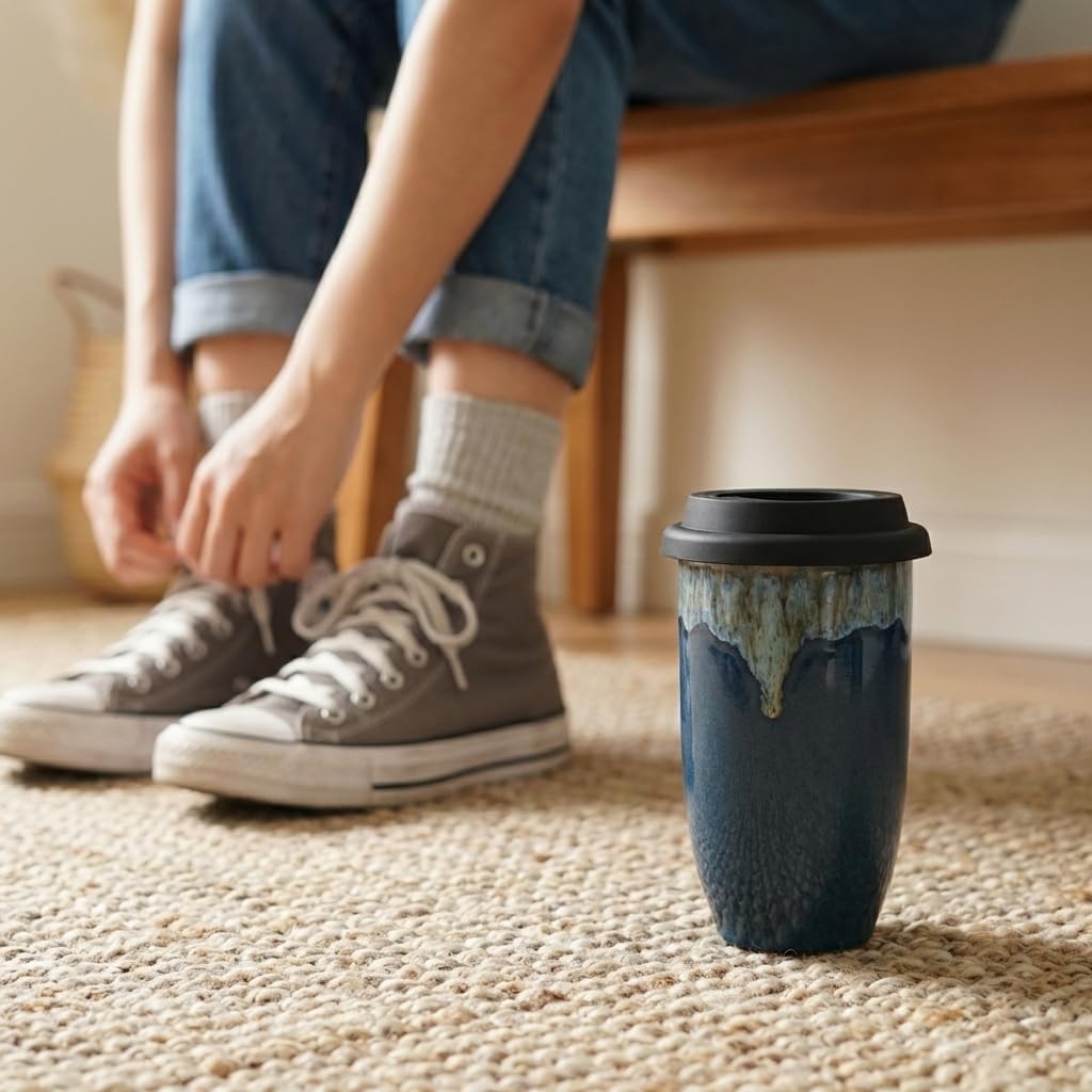 Bosmarlin Ceramic Travel Coffee Cup with Lid, 16 Oz, Portable Coffee Mug for Car Cup Holder, Microwave and Dishwasher Safe, Reactive Glaze (Deep BLue, 16 Oz)