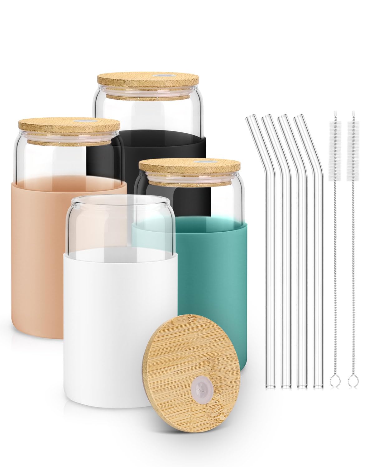 sungwoo 4PCS Glass Cups with Bamboo Lids and Straws, 16OZ Ice Coffee Cup, Drinking Cup set with Wooden Lids, Home Essential Glass Tumblers for Beer, Cocktail, Tea and Latte Clear
