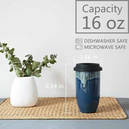 Bosmarlin Ceramic Travel Coffee Cup with Lid, 16 Oz, Portable Coffee Mug for Car Cup Holder, Microwave and Dishwasher Safe, Reactive Glaze (Deep BLue, 16 Oz)