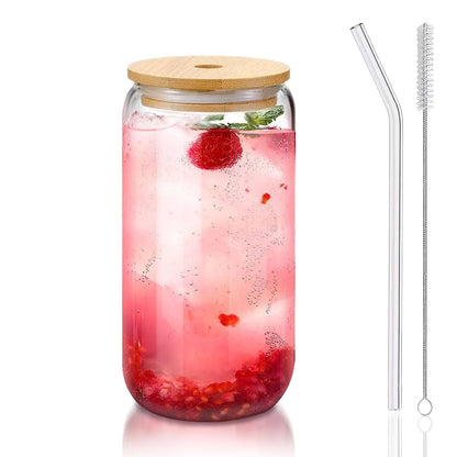 Glass Cups with Lids and Straws 1 Pack, 16 oz Glass Coffee Cup with Bamboo Lid, Glass Straw and Cleaning Brush, Iced Coffee Cup for Matcha, Soda, Tea and Daily Drinks