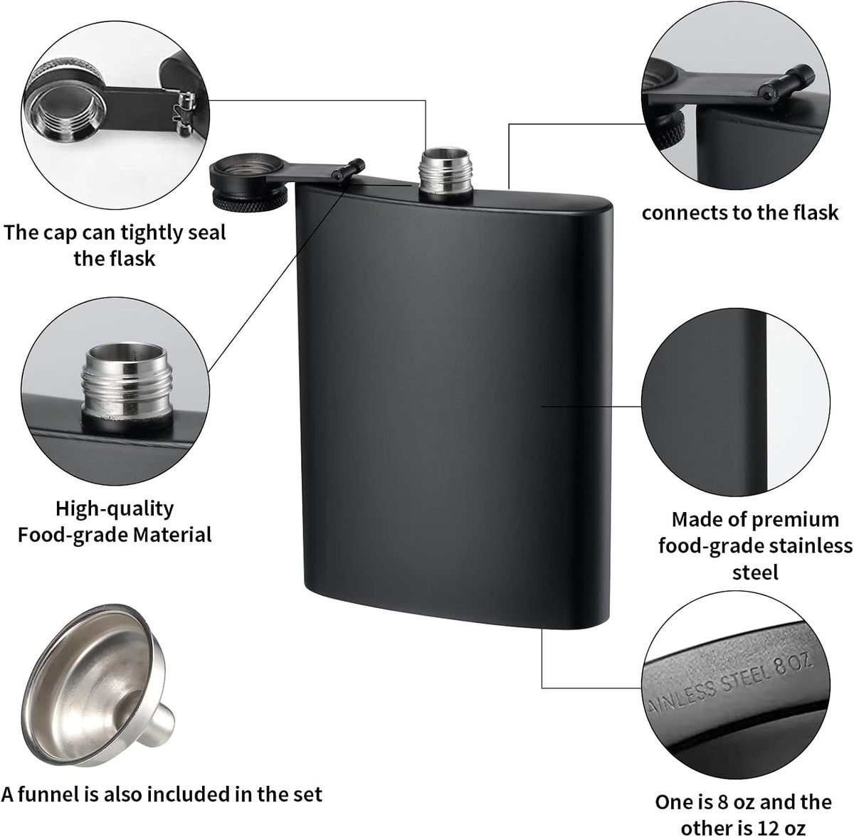 2 Pack Hip Flasks for Liquor, 8 Oz & 12 Oz Stainless Steel Leakproof Thin Flasks with Funnel for Men & Women (Matte Black)