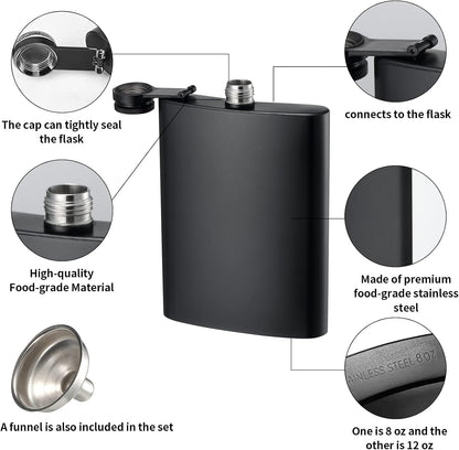 2 Pack Hip Flasks for Liquor, 8 Oz & 12 Oz Stainless Steel Leakproof Thin Flasks with Funnel for Men & Women (Matte Black)