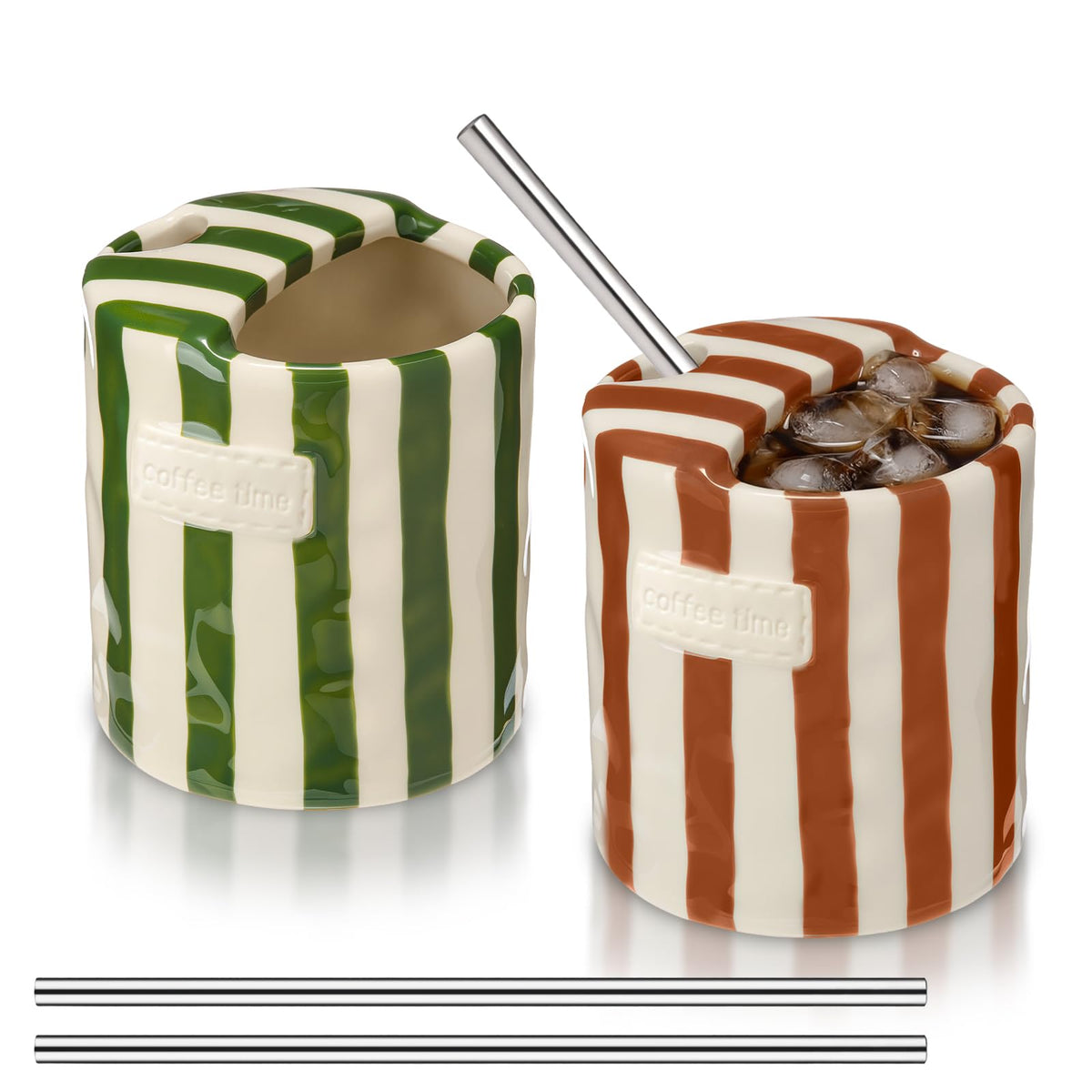 2 Pack Ceramic Mug with Sip Hole, Simple, Green, Brown | 10oz Ceramic Coffee Cup with Straws, Retro Hand Painted Striped, for Iced Coffee Tea Latte Espresso, Kitchen Dining Travel
