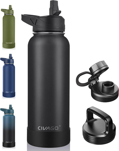 CIVAGO 40 oz Insulated Stainless Steel Water Bottle With Straw and 3 Lids | Large Metal Sports Water Jug, Leakproof Reusable Wide Mouth Thermal Flask Cup with Silicone Boot, BPA-Free, Midnight Black