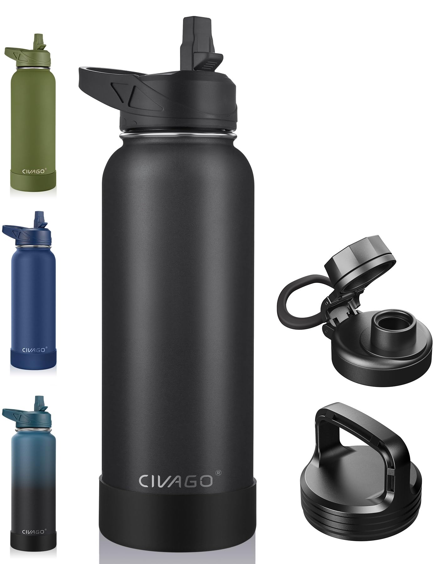 CIVAGO 40 oz Insulated Stainless Steel Water Bottle With Straw and 3 Lids | Large Metal Sports Water Jug, Leakproof Reusable Wide Mouth Thermal Flask Cup with Silicone Boot, BPA-Free, Midnight Black