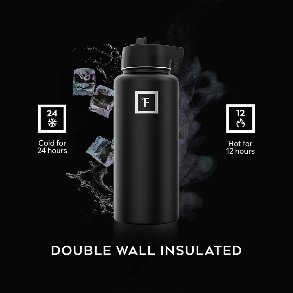 IRON °FLASK 32 oz Wide Mouth Water Bottle with 3 Lids | Insulated Stainless Steel Sports Water Bottle with 3 Leakproof Lids - BPA Free, Cold 24 Hrs, Sweat Free (Midnight Black)