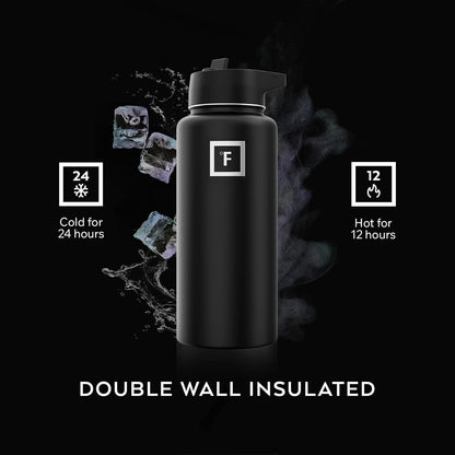 IRON °FLASK 32 oz Wide Mouth Water Bottle with 3 Lids | Insulated Stainless Steel Sports Water Bottle with 3 Leakproof Lids - BPA Free, Cold 24 Hrs, Sweat Free (Midnight Black)