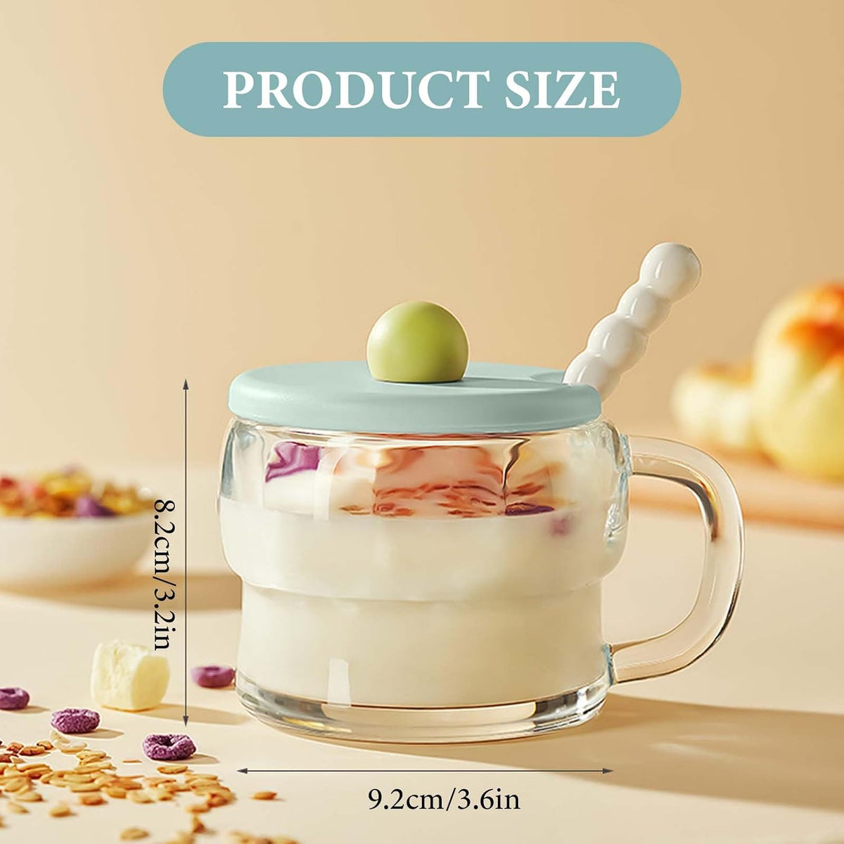 300ml Coffee Mugs, Breakfast Cups with Lid and Spoon, Coffee Cups Glass, Juice Cup, Glass Coffee Cup for Milk, Coffee, Oats, Yogurt, Oatmeal (Transparent)