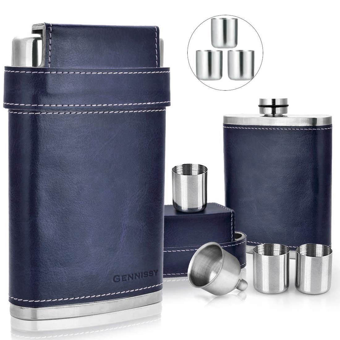 GENNISSY 8oz Hip Flask for Men - 304(18/8) Stainless Steel Bourbon Whiskey Flask, Leakproof with Brown Leather Wrap - Includes Funnel & 3 Mini Cups for Dad, Gifts, Travel