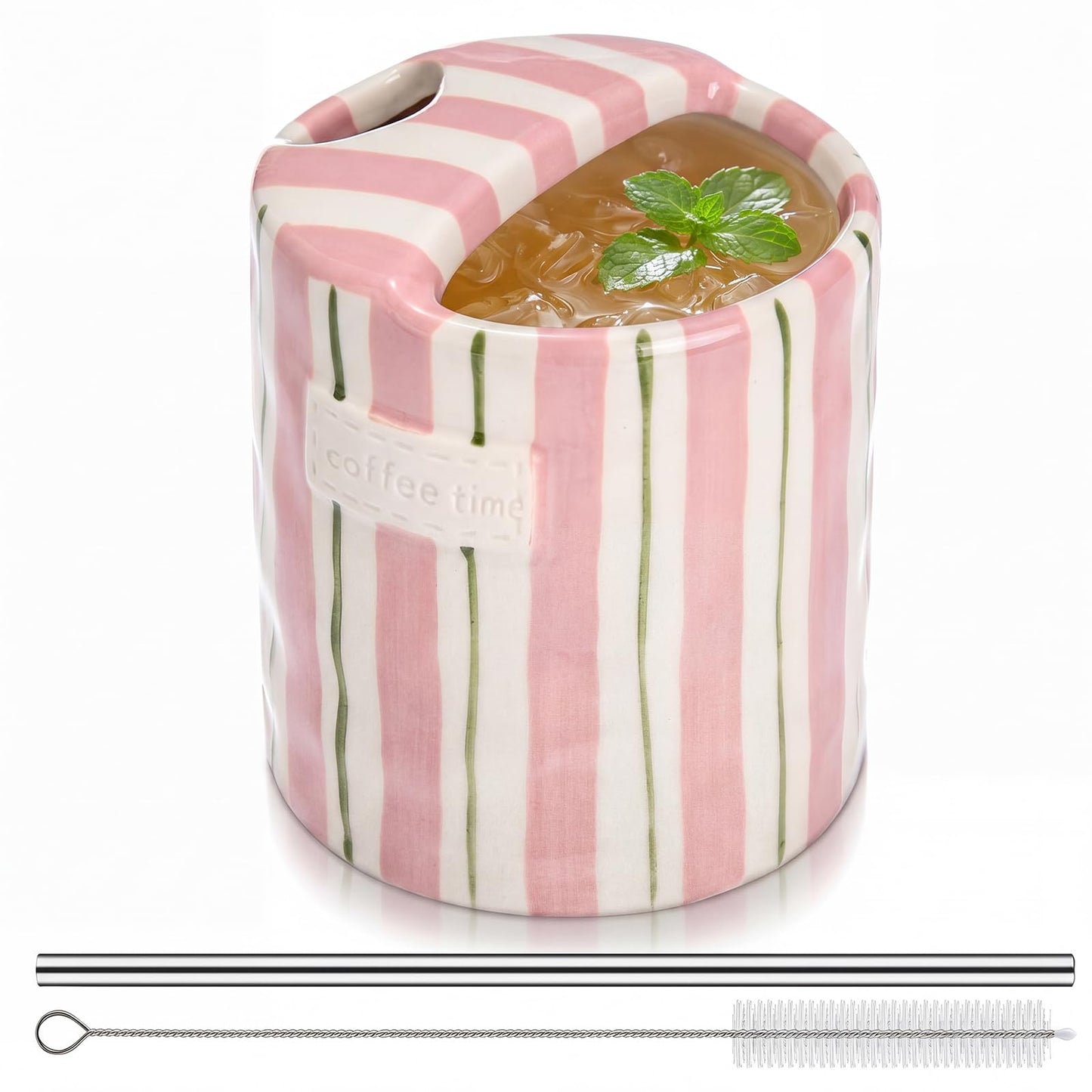 2 Pack Ceramic Mug with Sip Hole, Simple, Green, Brown | 10oz Ceramic Coffee Cup with Straws, Retro Hand Painted Striped, for Iced Coffee Tea Latte Espresso, Kitchen Dining Travel