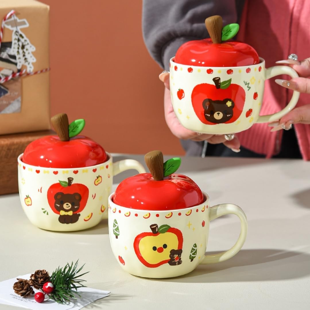 420Ml Ceramic Apple Breakfast Milk Cup With Lid
