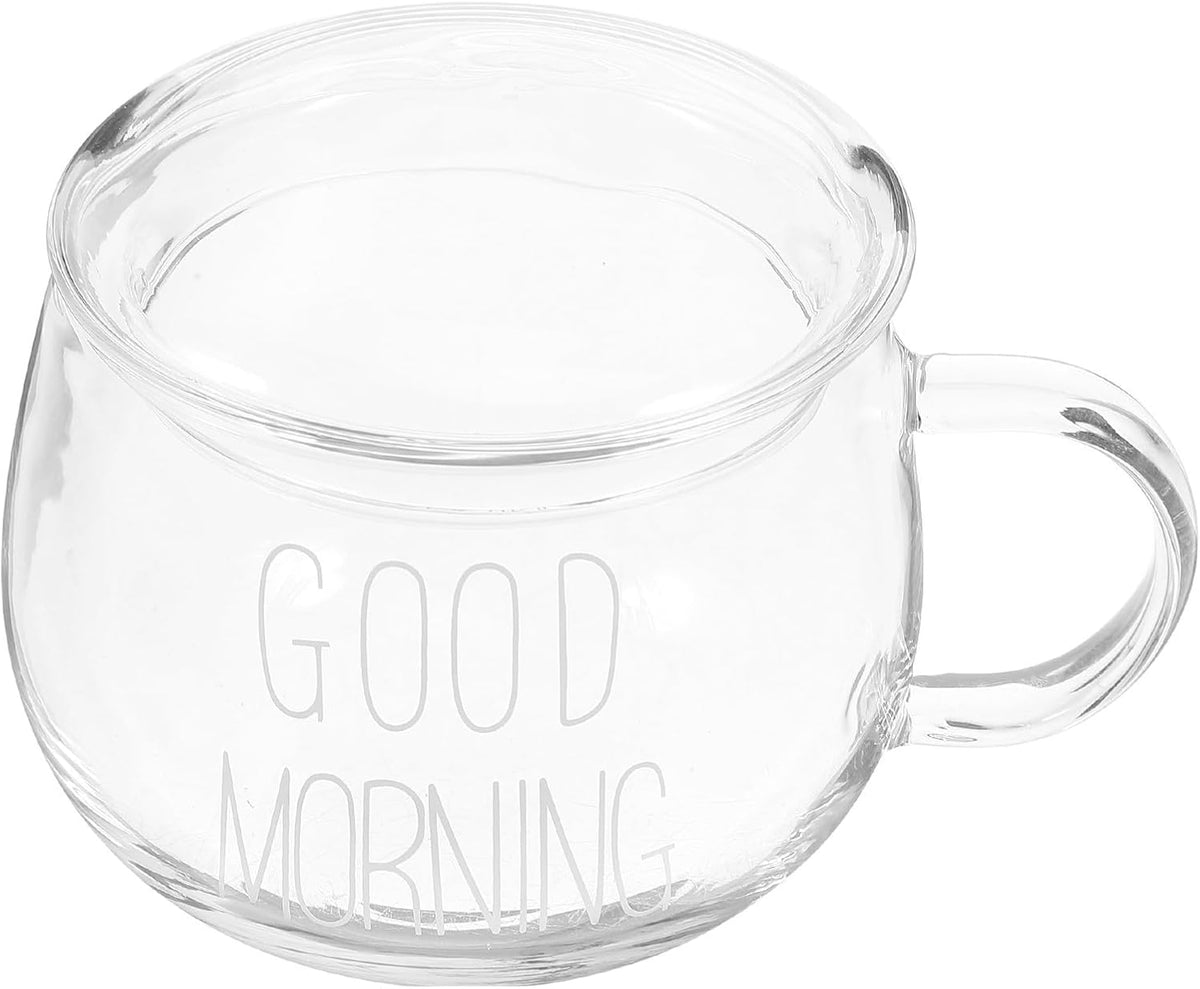 Glass Milk Cup with Handle 300ml Heat-resistant Beverage Mug for Breakfast, Coffee, Tea, and Cereal – Single White Lettering Cup with Lid for Home Use
