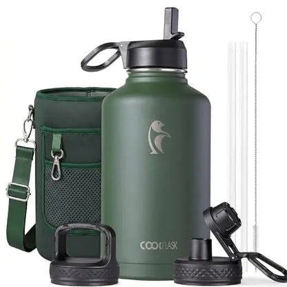 Coolflask 32/40/64/87/128oz Portable Insulated Water Bottle with Straw & 3 Lids, Stainless Steel Flask for Outdoor or Office, Travel Bottled Drinkware