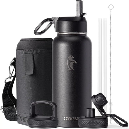 Coolflask 32/40/64/87/128oz Portable Insulated Water Bottle with Straw & 3 Lids, Stainless Steel Flask for Outdoor or Office, Travel Bottled Drinkware