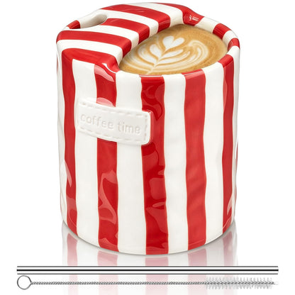 2 Pack Ceramic Mug with Sip Hole, Simple, Green, Brown | 10oz Ceramic Coffee Cup with Straws, Retro Hand Painted Striped, for Iced Coffee Tea Latte Espresso, Kitchen Dining Travel