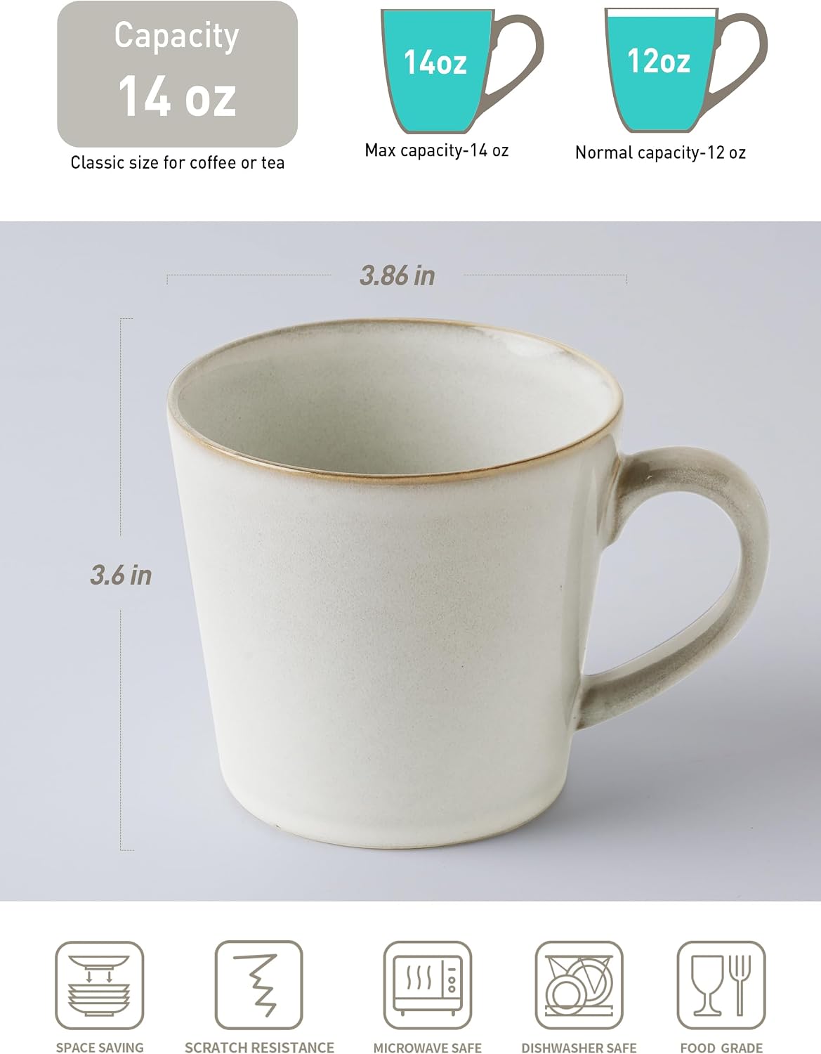 famiware Coffee Mug Set of 4, Annecy 14 oz Ceramic Cups Set with Handle | Stoneware Coffee Cup Set, Microwavable and Dishwasherable Stoneware, Drinkware Set for Tea, Latte, Cappuccino, Grey White