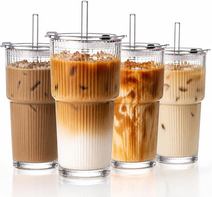 20oz Iced Coffee Cups with Lids, Ribbed Glass Cups with Lids and Straws | Thick Reusable Glass, Leak-Resistant Lids, Fits Most Car Cup Holders, For Iced Coffee, Tea, Smoothies and Cold Drinks