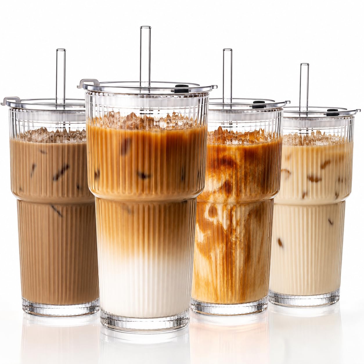 20oz Iced Coffee Cups with Lids, Ribbed Glass Cups with Lids and Straws | Thick Reusable Glass, Leak-Resistant Lids, Fits Most Car Cup Holders, For Iced Coffee, Tea, Smoothies and Cold Drinks
