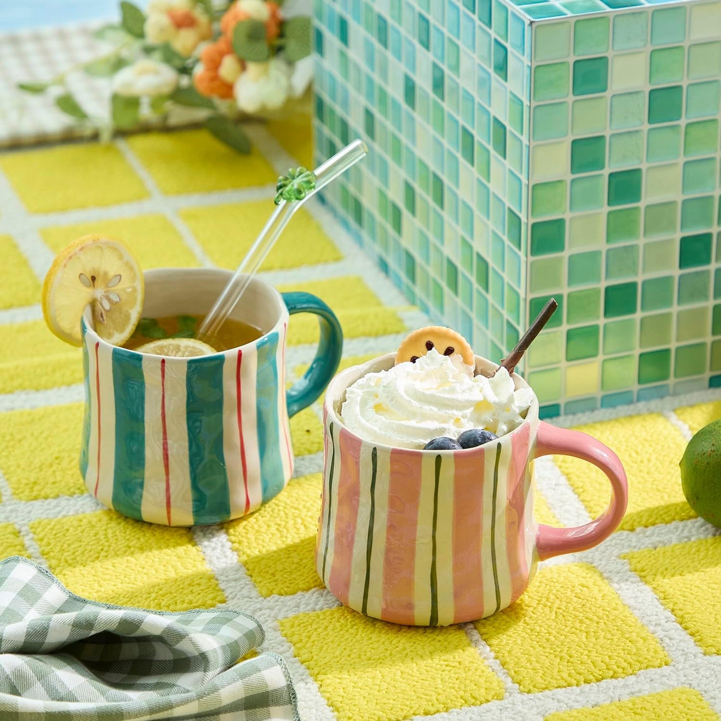 Striped Ceramic Coffee Mugs Set of 2, Pink and Green Stackable Stoneware Mugs for Morning Coffee, Tea & Cocoa, 12oz Dishwasher & Microwave Safe Mug Gift Set for Home & Office