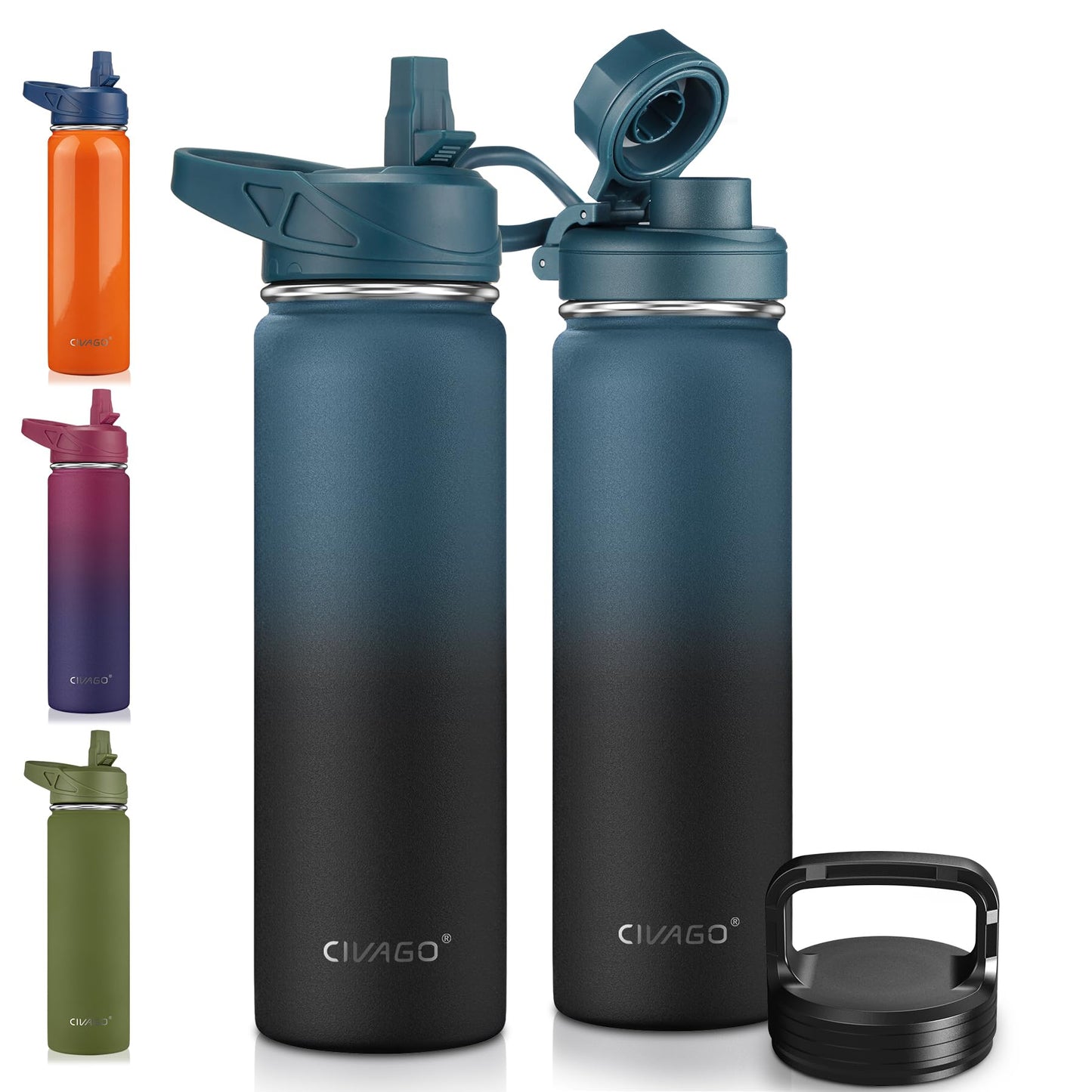 CIVAGO 40 oz Insulated Stainless Steel Water Bottle With Straw and 3 Lids | Large Metal Sports Water Jug, Leakproof Reusable Wide Mouth Thermal Flask Cup with Silicone Boot, BPA-Free, Midnight Black