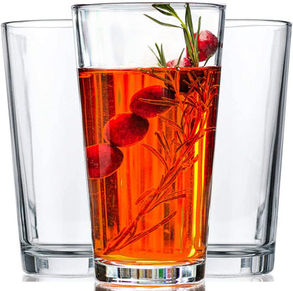 Le'raze 10pc Stackable Drinking Glasses, 16oz Clear Glass Cup Glassware Set | Dishwasher Safe, Freezer Proof, Lead & BPA Free, Heavy Base Highball Water Glasses, Tall Glass Beer Bar Tumblers, Giftable