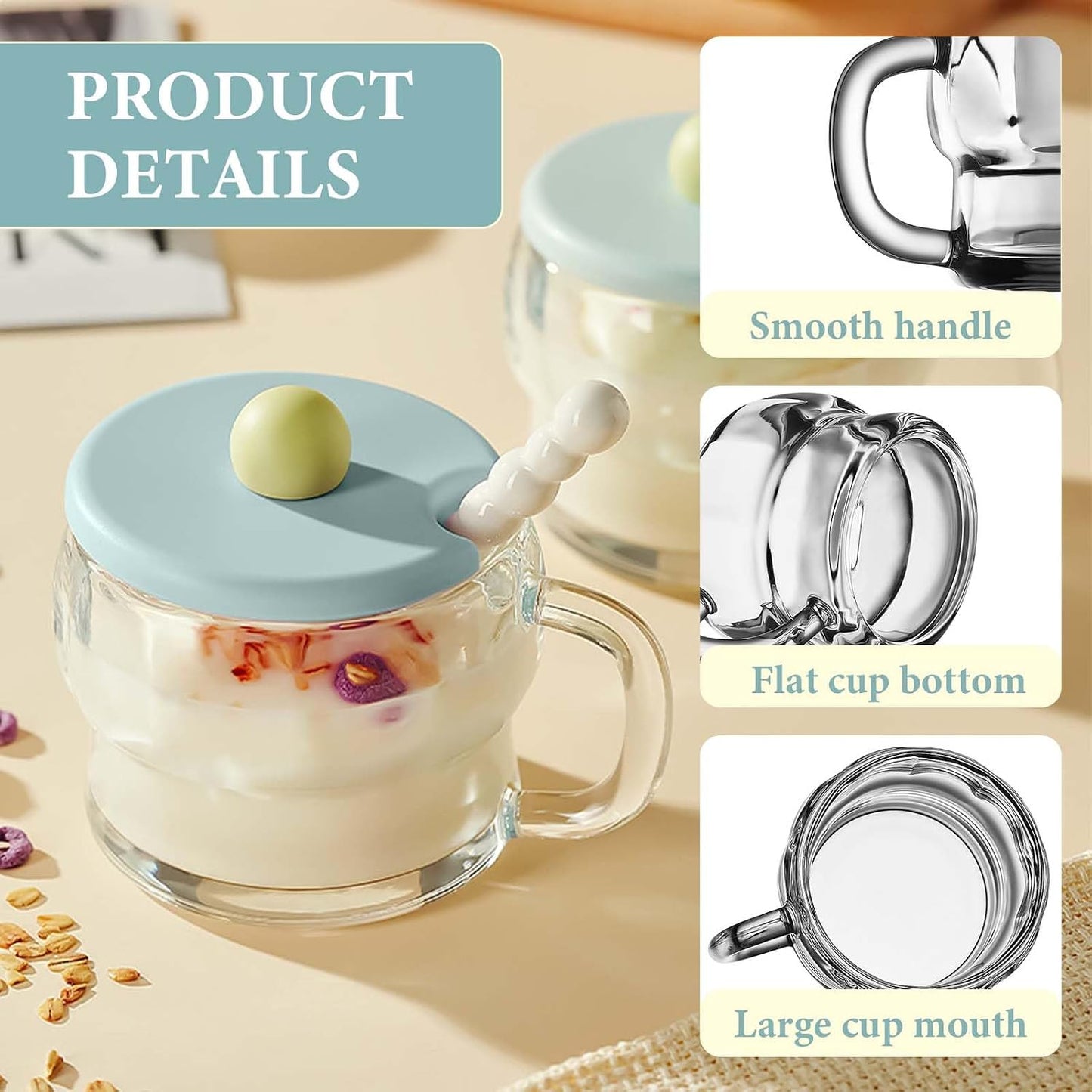 300ml Coffee Mugs, Breakfast Cups with Lid and Spoon, Coffee Cups Glass, Juice Cup, Glass Coffee Cup for Milk, Coffee, Oats, Yogurt, Oatmeal (Transparent)