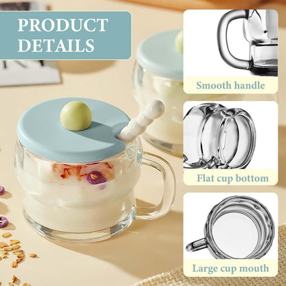 300ml Coffee Mugs, Breakfast Cups with Lid and Spoon, Coffee Cups Glass, Juice Cup, Glass Coffee Cup for Milk, Coffee, Oats, Yogurt, Oatmeal (Transparent)