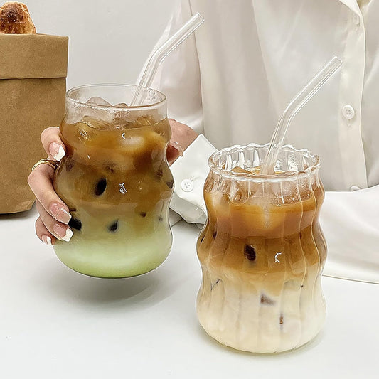 2 Pcs Ribbed Glass Cups 18 Oz Vintage Drinking Glassware Ripple Cocktail Glasses for Iced Coffee Juice Beverage Milk
